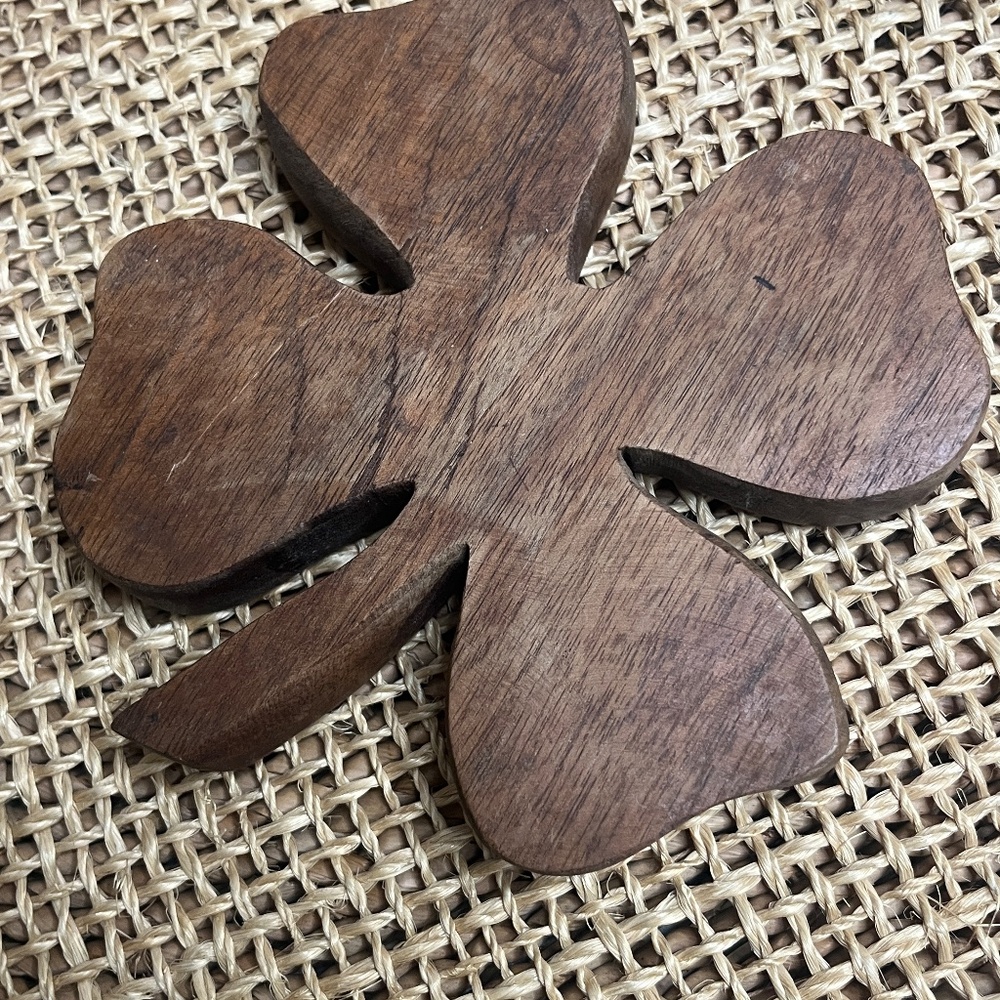 Vintage Carved Wood Four Leaf Clover Trivet | Rustic Lucky Clover Decor - Picture 3 of 3